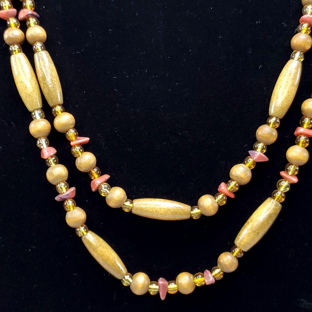 Vintage Boho‎ Beaded Necklace Brown Wood Beads & Amber Accents 60 long